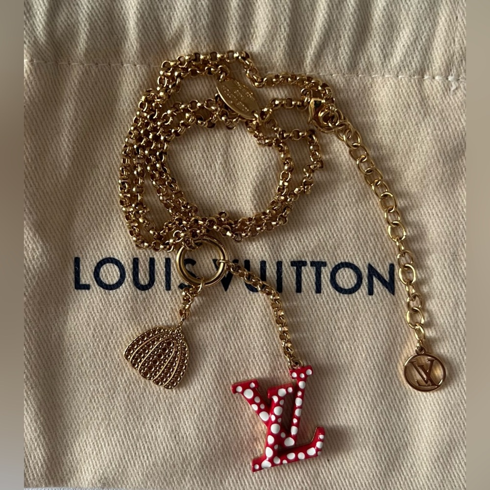 Louis Vuitton Gold-Tone Red & White Logo Pendant Necklace